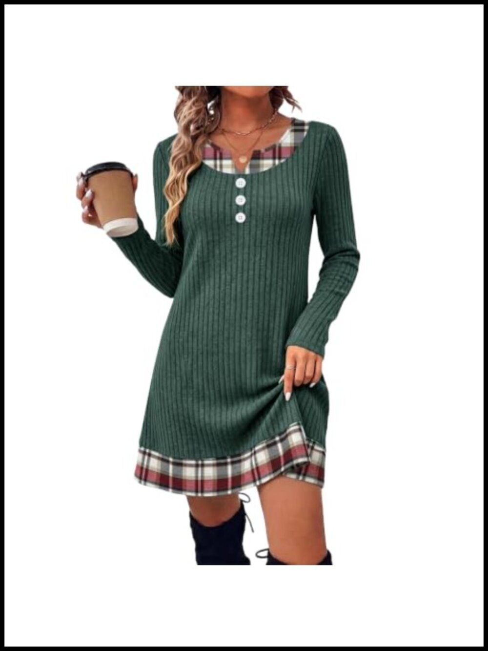 Ribbed Knit Long Sleeve A-Line Babydoll Sweater Dress Knee Length